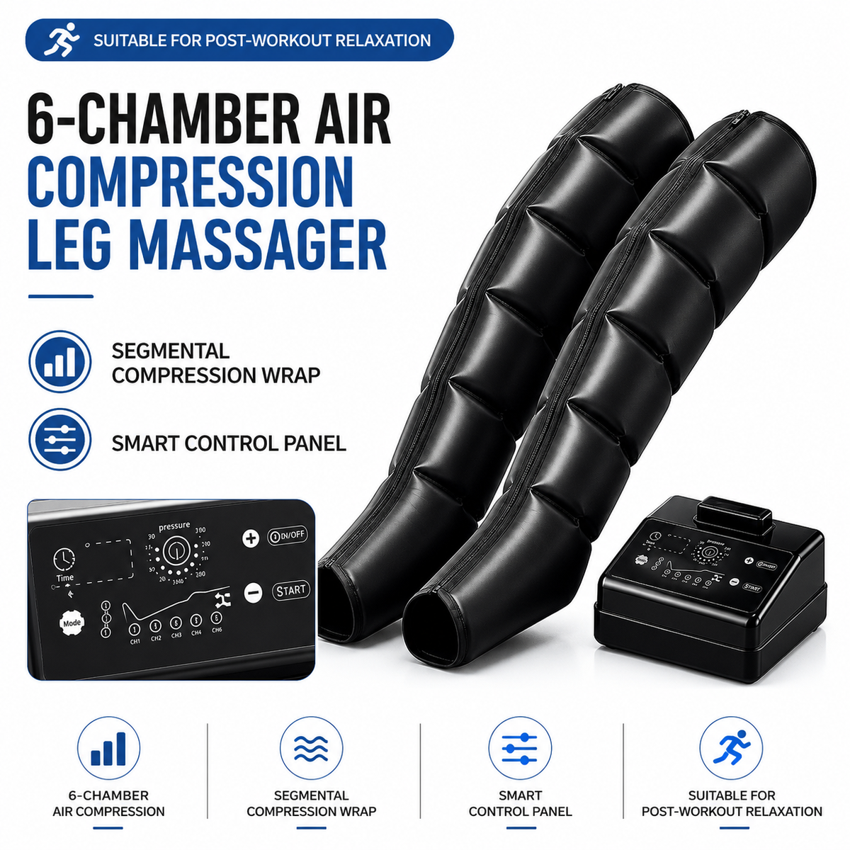 6-Chamber Intelligent Air Compression Leg Massager with Adjustable Pressure – Sequential Air Wave Massage System for Legs, Calves and Feet, Post-Workout Relaxation, Daily Comfort and Home Wellness