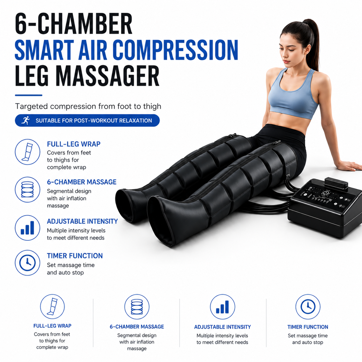 6-Chamber Intelligent Air Compression Leg Massager with Adjustable Pressure – Sequential Air Wave Massage System for Legs, Calves and Feet, Post-Workout Relaxation, Daily Comfort and Home Wellness