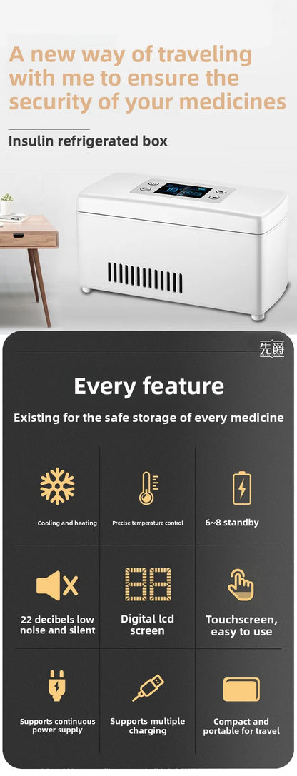 Insulin Pill Refrigerator Convenient Travel Pill Small Refrigerator Vaccine Serum Storage Box LCD Display Screen for Family